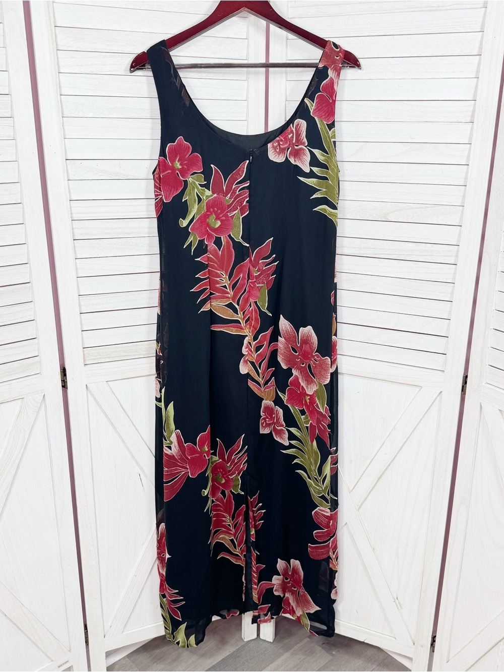 Vntg Y2k Eva Blue Tropical Floral Chiffon Maxi Slip Dress Black Red 10 Fairy - Picture 9 of 12